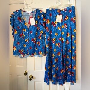 Carolina Herrera Blue Floral Blouse and Pant Set
